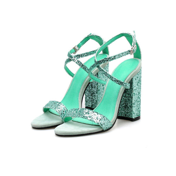 Sandale moderne de dama cu toc inalt cu pietre de culoare verde