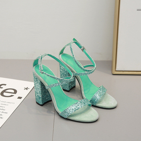 Sandale moderne de dama cu toc inalt cu pietre de culoare verde