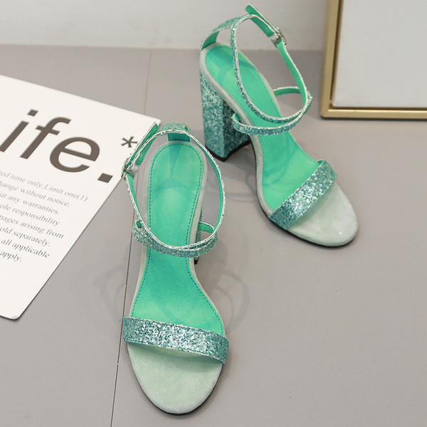 Sandale moderne de dama cu toc inalt cu pietre de culoare verde