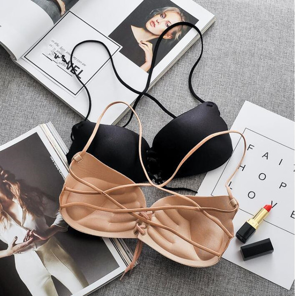 Sutien de dama modern cu cravate in negru si bej