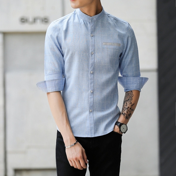 Cămașă actuală pentru bărbați cu mâneci lungi, gri și albastru