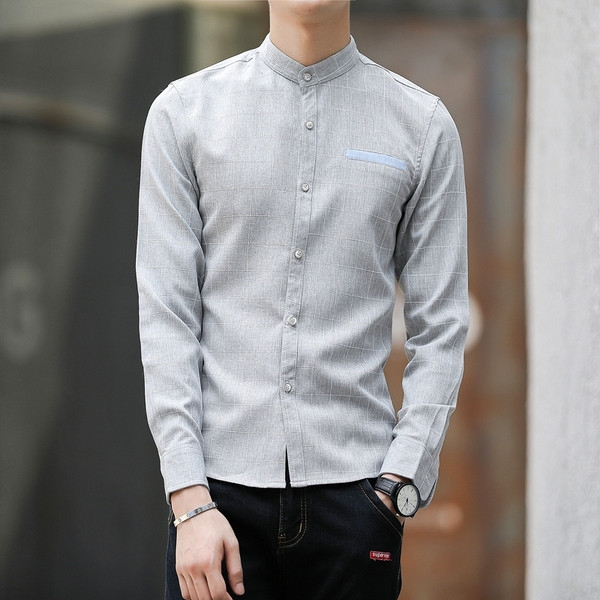 Cămașă actuală pentru bărbați cu mâneci lungi, gri și albastru