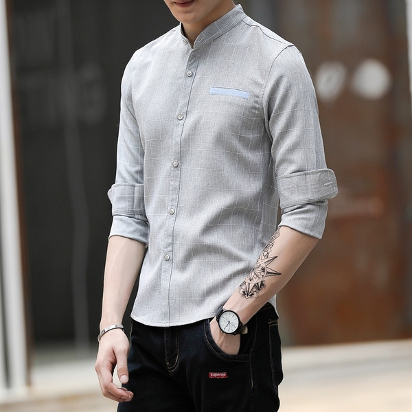 Cămașă actuală pentru bărbați cu mâneci lungi, gri și albastru