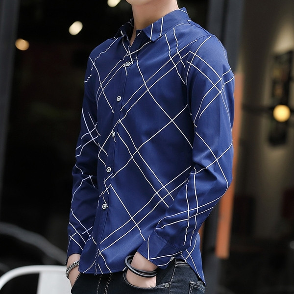 Cămașă elegantă pentru bărbați, cu mâneci lungi, în alb și albastru