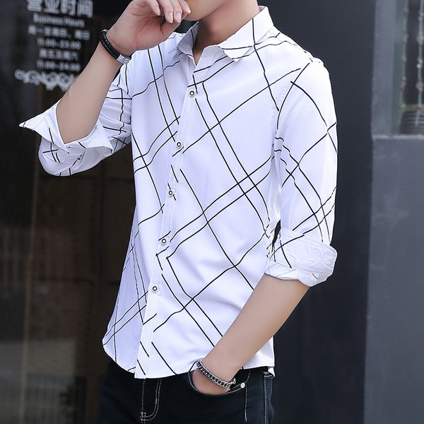 Cămașă elegantă pentru bărbați, cu mâneci lungi, în alb și albastru