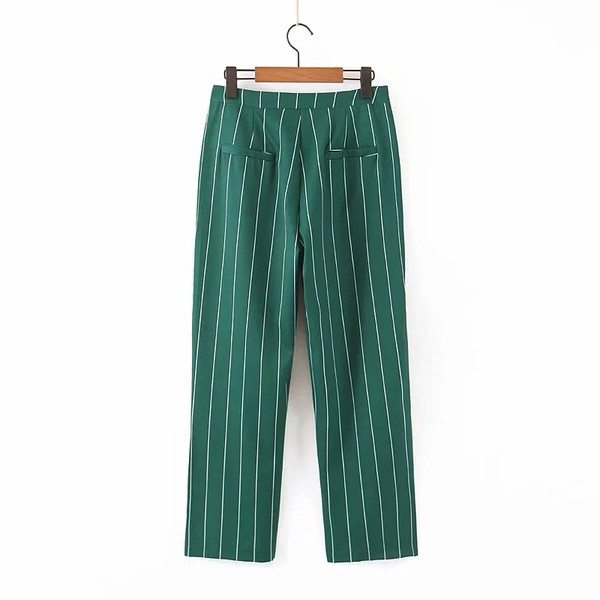 Pantaloni eleganti de dama in dungi de culoare verde