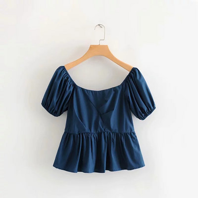 Bluza de dama cu umerii goi in alb si albastru