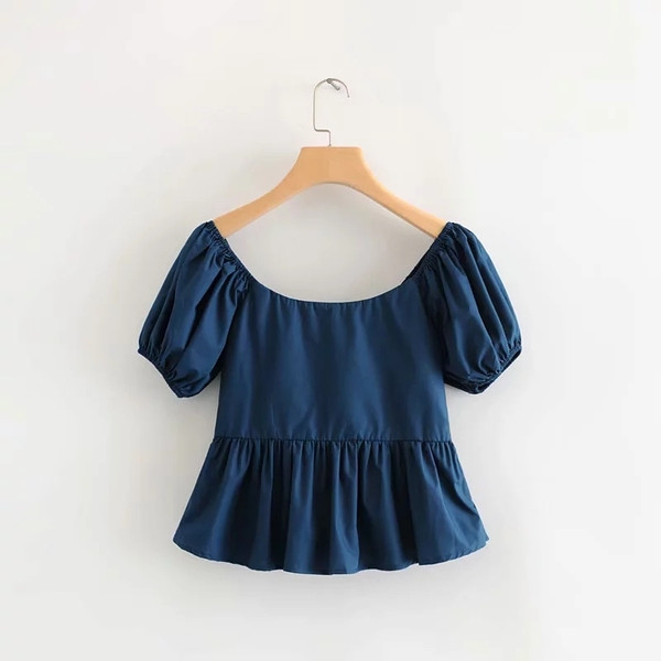 Bluza de dama cu umerii goi in alb si albastru