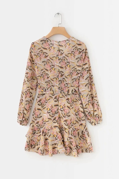 Rochie moderna de dama cu maneci lungi, curea si motive florale