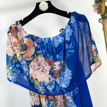 Rochie de dama lunga din sifon cu model albastru si floral