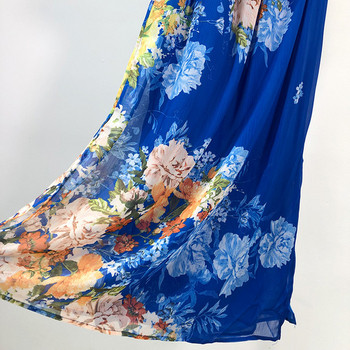 Rochie de dama lunga din sifon cu model albastru si floral