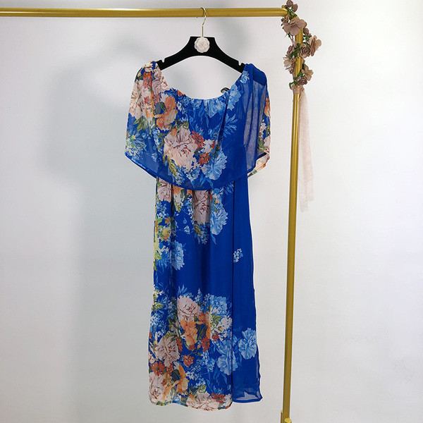 Rochie de dama lunga din sifon cu model albastru si floral