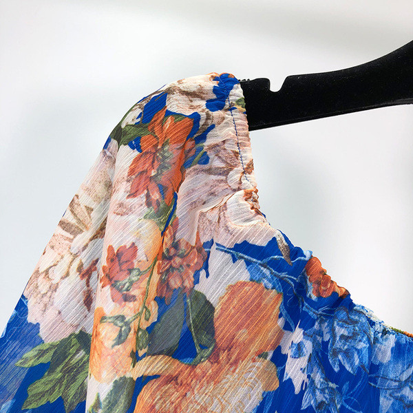 Rochie de dama lunga din sifon cu model albastru si floral