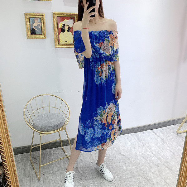Rochie de dama lunga din sifon cu model albastru si floral