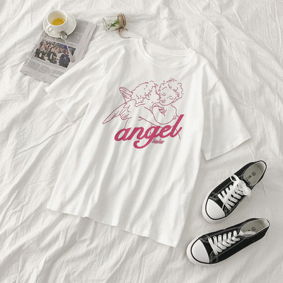 Tricou casual dama cu aplicatie in alb si roz