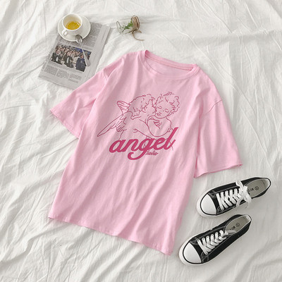 Tricou casual dama cu aplicatie in alb si roz