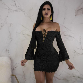 Rochie de dama eleganta din dantela cu decolteu adanc si maneci lungi in trei culori