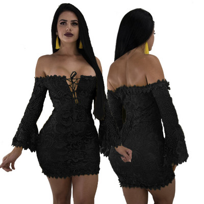 Rochie de dama eleganta din dantela cu decolteu adanc si maneci lungi in trei culori