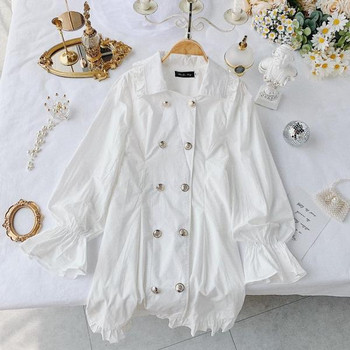 Rochie elegantă de damă cu guler și nasturi în alb-negru