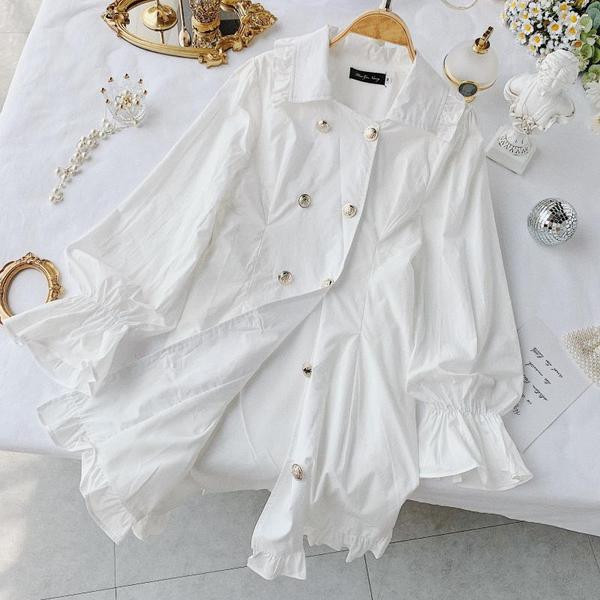 Rochie elegantă de damă cu guler și nasturi în alb-negru