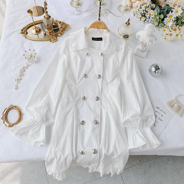 Rochie elegantă de damă cu guler și nasturi în alb-negru