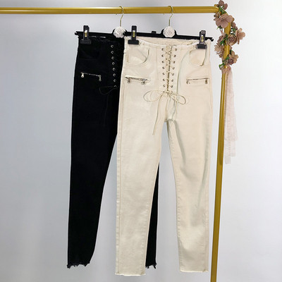 Дамски панталони с връзки - бял и черен цвят