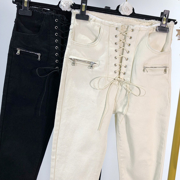 Pantaloni de dama cu cravate - alb si negru