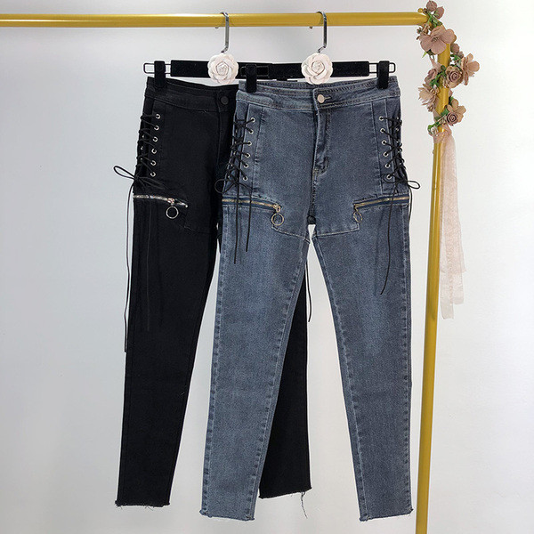 Blugi lungi de dama cu sireturi si fermoare - doua culori