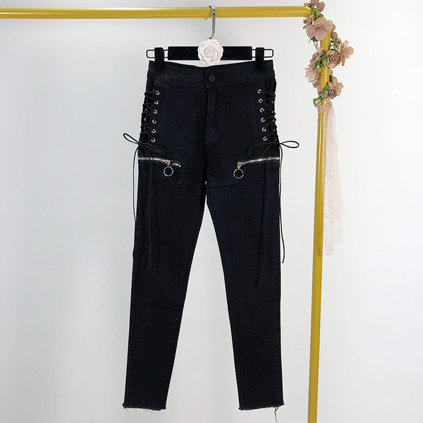 Blugi lungi de dama cu sireturi si fermoare - doua culori