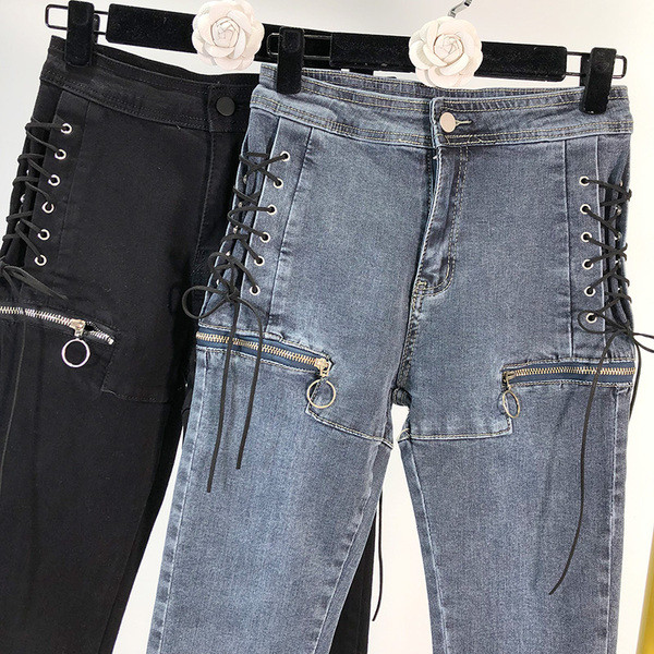 Blugi lungi de dama cu sireturi si fermoare - doua culori