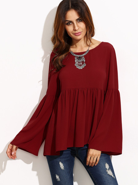 Bluză de damă modernă cu mâneci lungi și decolteu O în roșu