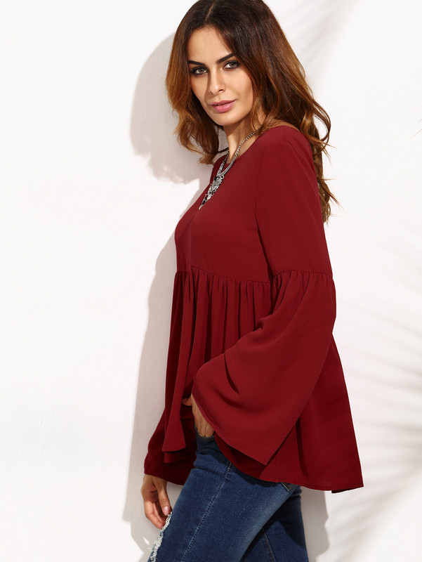 Bluză de damă modernă cu mâneci lungi și decolteu O în roșu