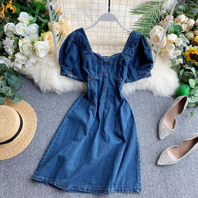 Rochie moderna de dama din denim cu maneci scurte in culori deschise si inchise