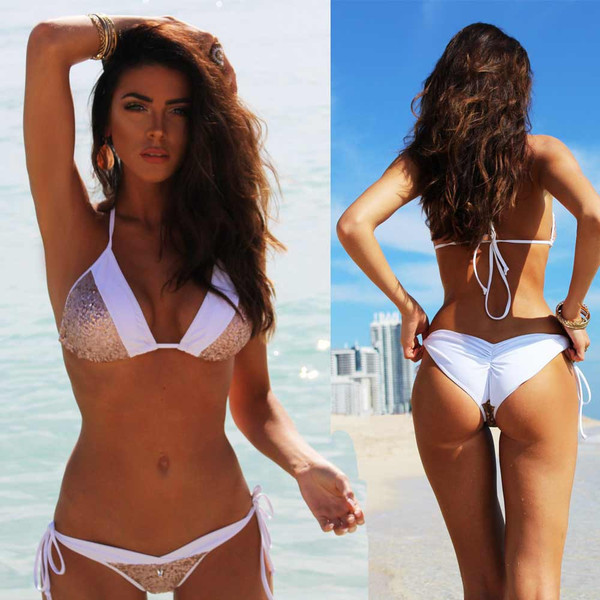 Costum de baie dama din doua piese cu paiete in doua culori