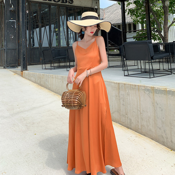 Stílusos női hosszú ruha narancssárga színben