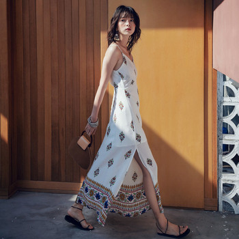 Rochie lungă casual de damă, albă, cu bretele subțiri