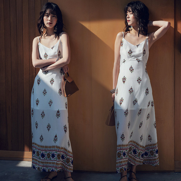 Rochie lungă casual de damă, albă, cu bretele subțiri