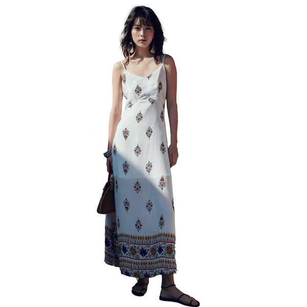 Rochie lungă casual de damă, albă, cu bretele subțiri