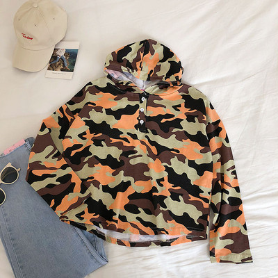 Hanorac zilnic de damă cu glugă și model de camuflaj în două culori