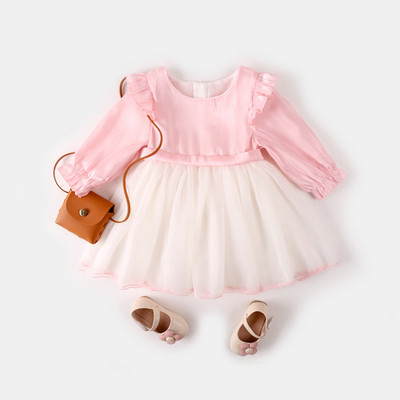 Нов модел стилна детска рокля с дълъг ръкав в розов цвят