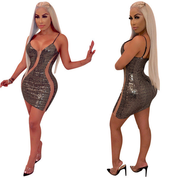 Rochie scurta de dama eleganta cu bretele subtiri si paiete in trei culori