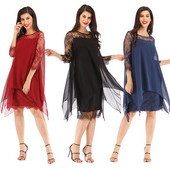 Rochie scurta moderna de dama cu maneci 3/4 si dantela in trei culori pana la 5XL