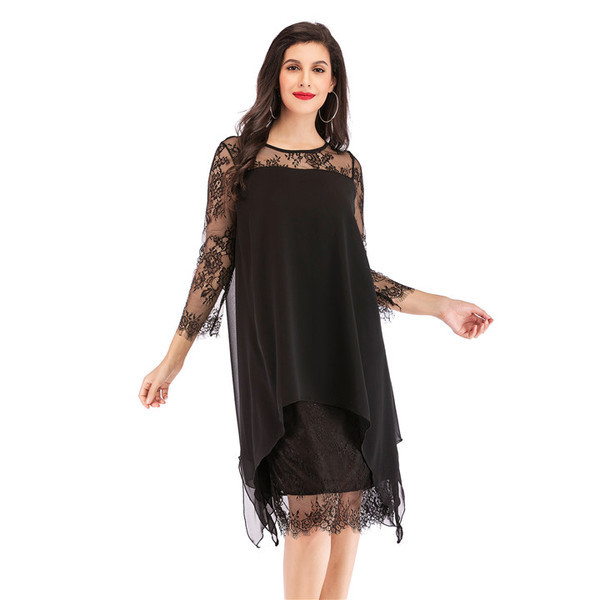 Rochie scurta moderna de dama cu maneci 3/4 si dantela in trei culori pana la 5XL