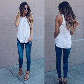 Maieu casual de damă, cu decolteu în formă de O și bretele largi, în alb