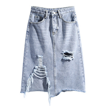 Női farmerszoknya, magas derékkal, szakadt motívumokkal