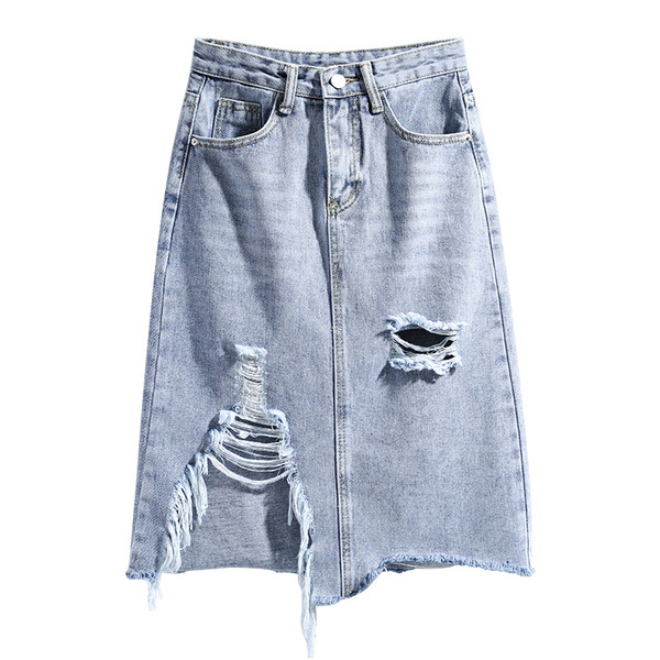 Női farmerszoknya, magas derékkal, szakadt motívumokkal