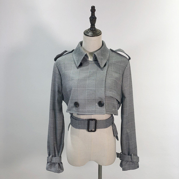 Geaca de primavara-toamna in carouri cu centura in talie