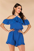 Salopetă scurtă casual de damă, cu umerii goi, în albastru