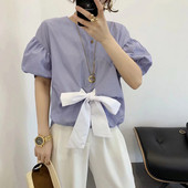 Cămașă de damă cu element panglică în albastru și alb