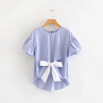 Cămașă de damă cu element panglică în albastru și alb